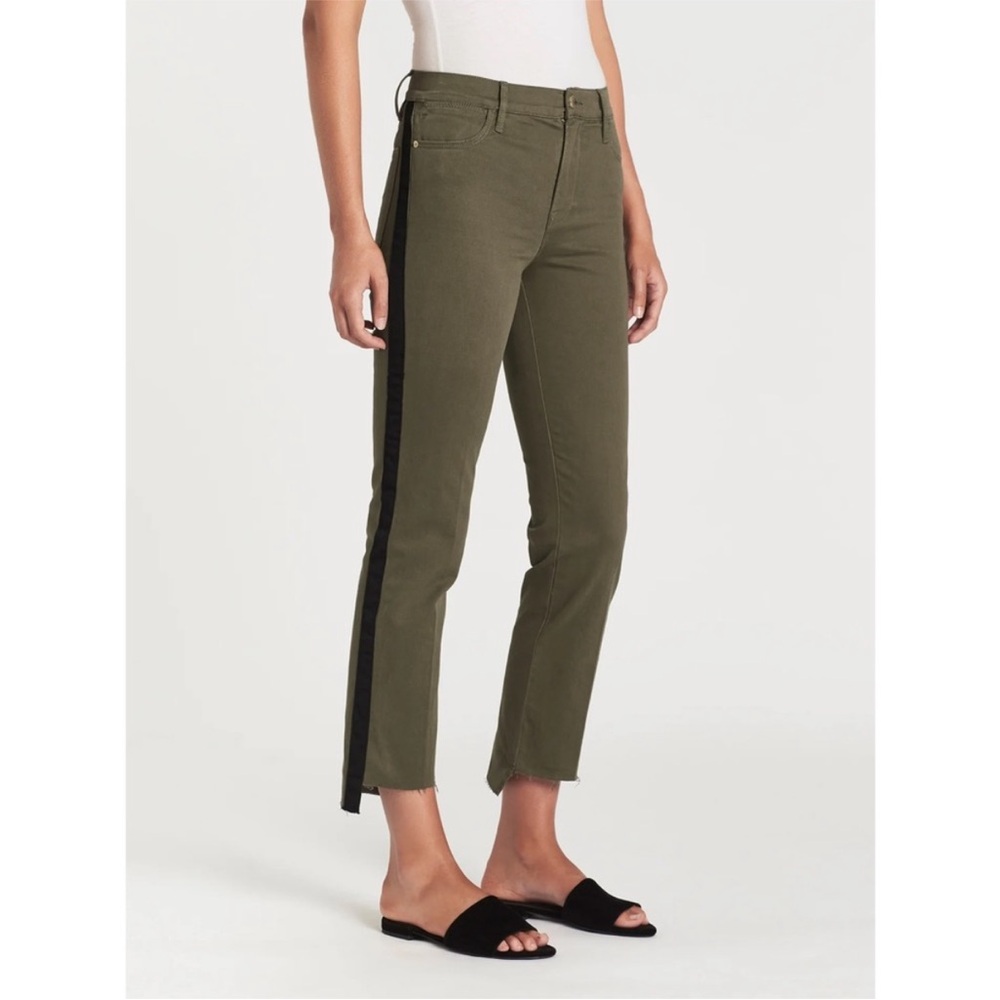 Frame Denim Olive Ankle Jeans with Black Side Stripe